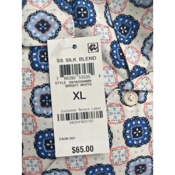 CLUB ROOM GEO PRINT BLUE BEIGE SILK BLEND SHORT SLEEVE BUTTON FRONT SHIRT NEW - Picture 4 of 5